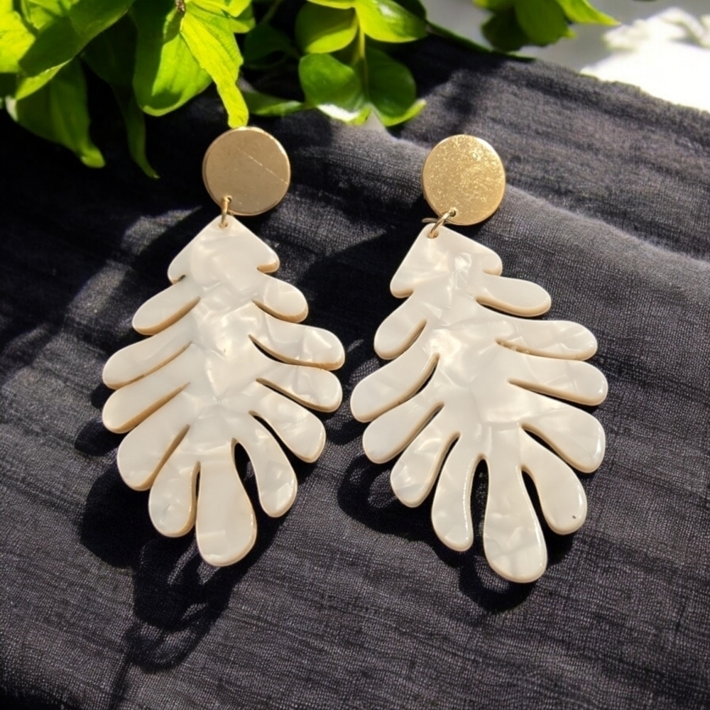 Acrylic Leaf Shape Drop Dangle Earrings - Picture 2 of 2